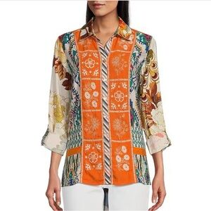 John Mark Point Collar Button Front Long Roll-Tab Sleeve Embroidered Panel Shirt